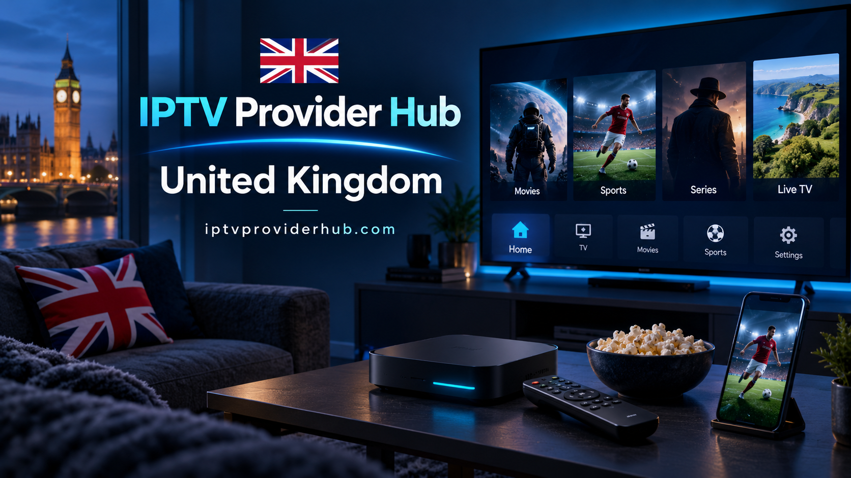 Put together the three things IPTV needs in a UK home: steady broadband, a compatible device and an active plan.